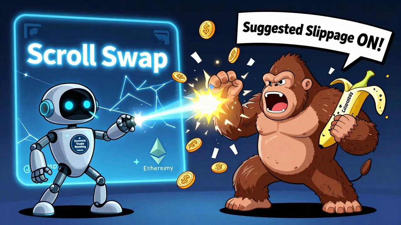 KyberSwap robot battling Uniswap gorilla in a trade showdown with exploding tokens and Suggested Slippage banner.