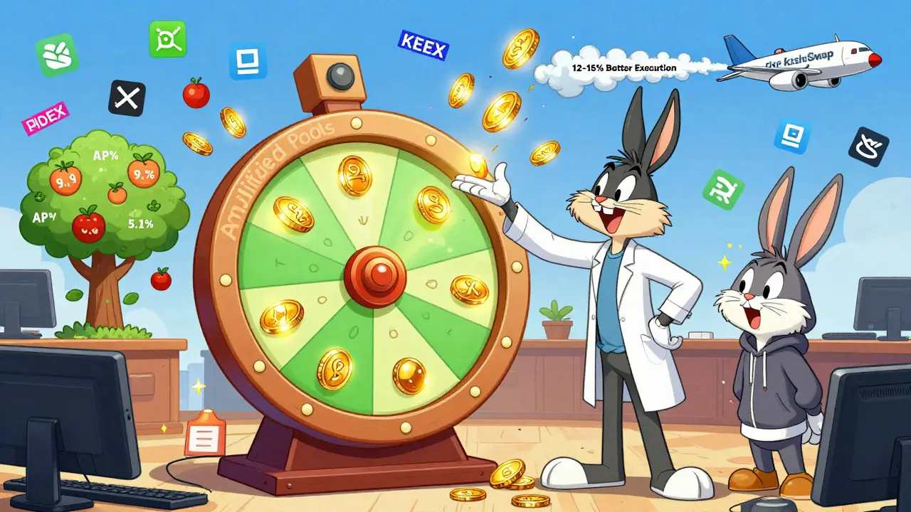 Liquidity providers tossing coins into a spinning wheel with APY fruit, KyberSwap jetplane flying above in cartoon style.