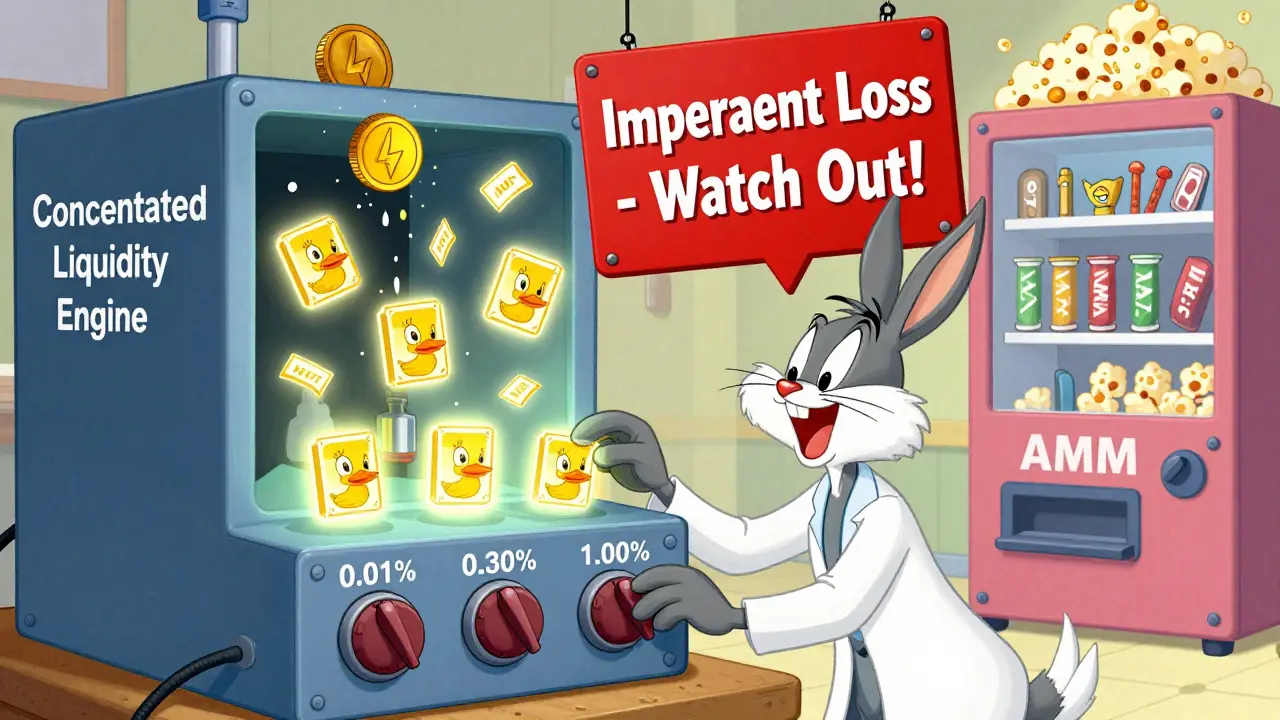 Mad scientist adjusting fee tier dials, creating NFT ducks while an ETH coin falls off a cliff.