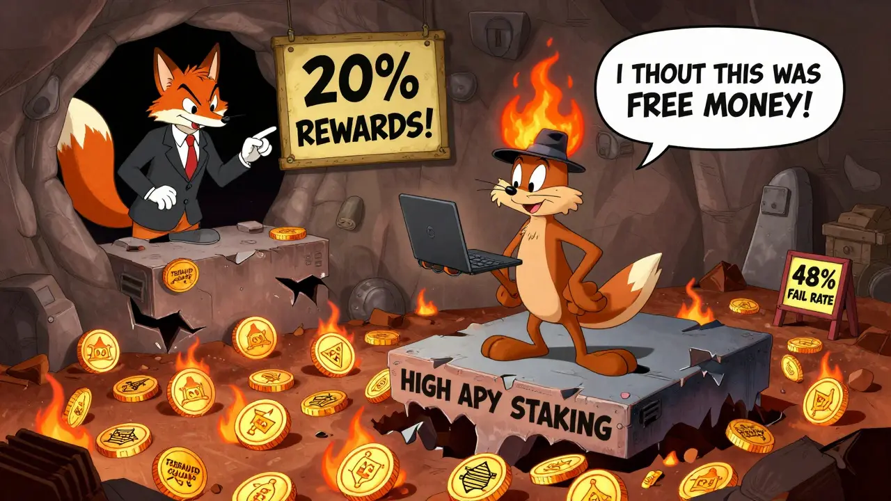 Man standing on crumbling high-APY platform falling into burning tokens, fox whispering deceit.