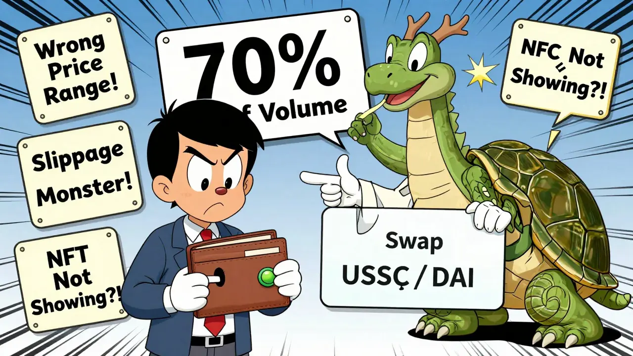 Nervous user surrounded by warning signs, guided by a wise turtle toward a simple stablecoin swap.