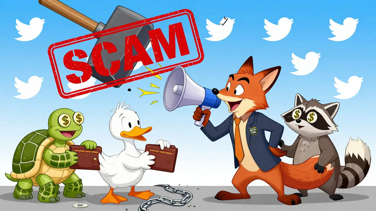 Sneaky fox tricking animals into giving wallets for a fake NEXTYPE airdrop, giant 'SCAM' stamp falling.