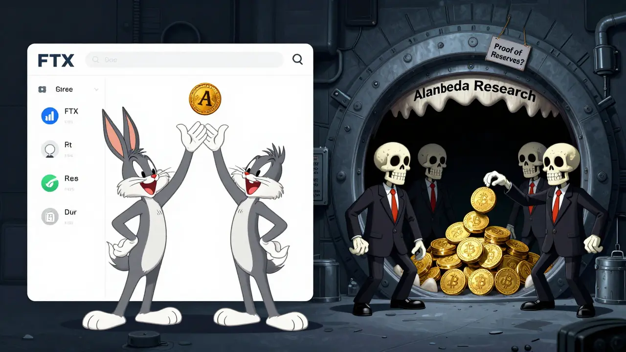 Split scene: happy traders vs. skeletons stealing customer crypto underground