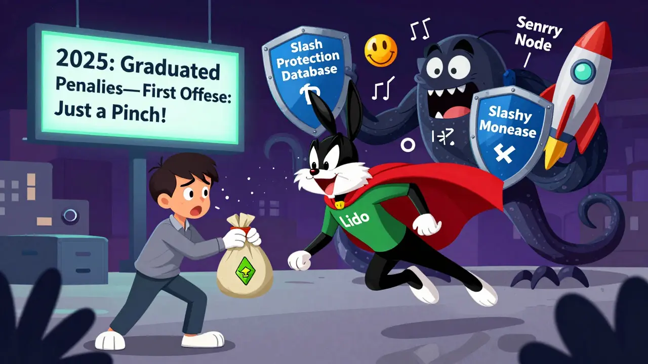 Superhero staking service rescuing a user from a slashing monster using protection tools.