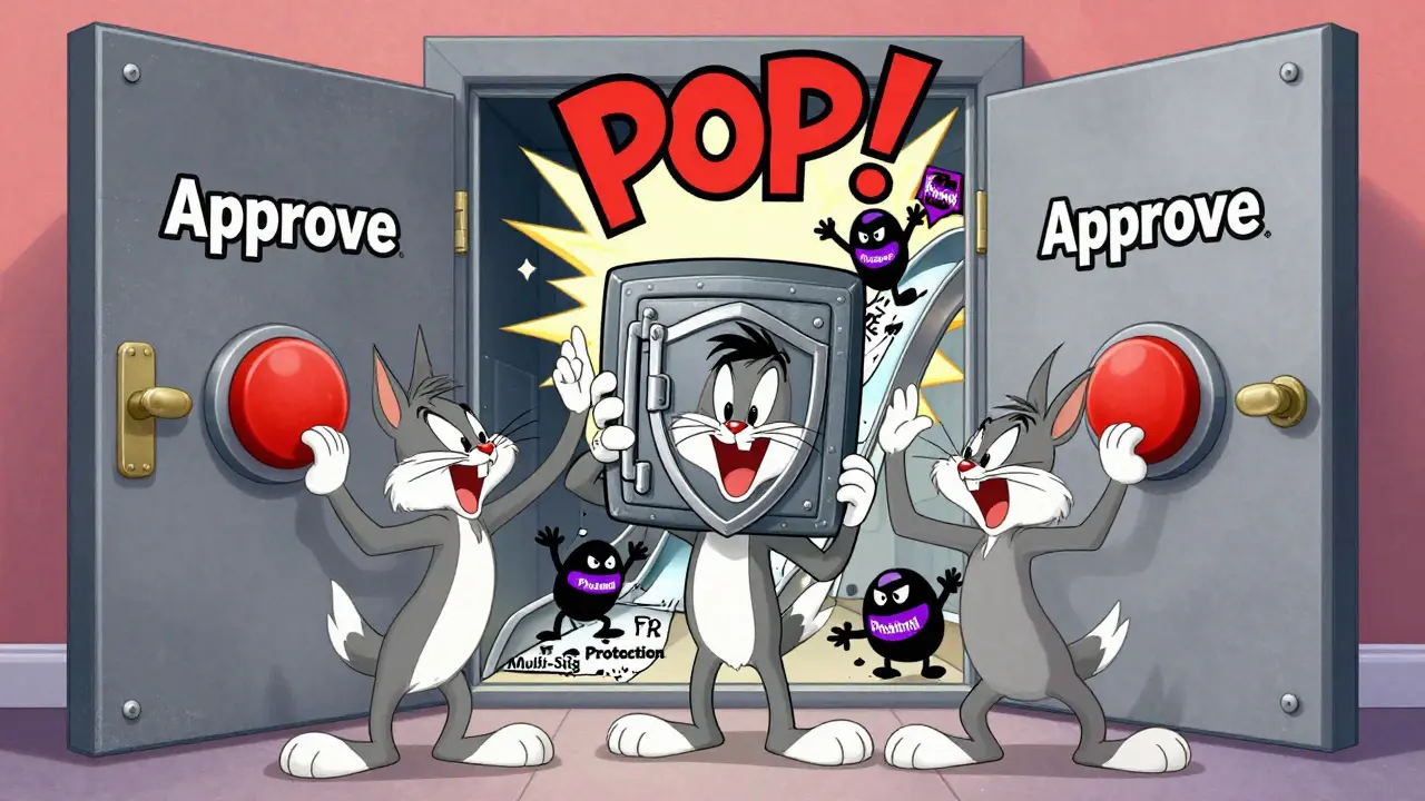 Three friends approving wallet access, locked door bursts open as hacker demons slide away.