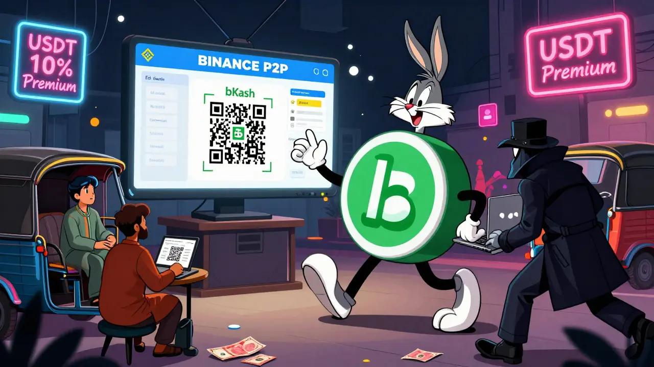 Traders in Dhaka exchange crypto via bKash QR codes while a sneaky agent tries to steal a laptop in a chaotic street scene.