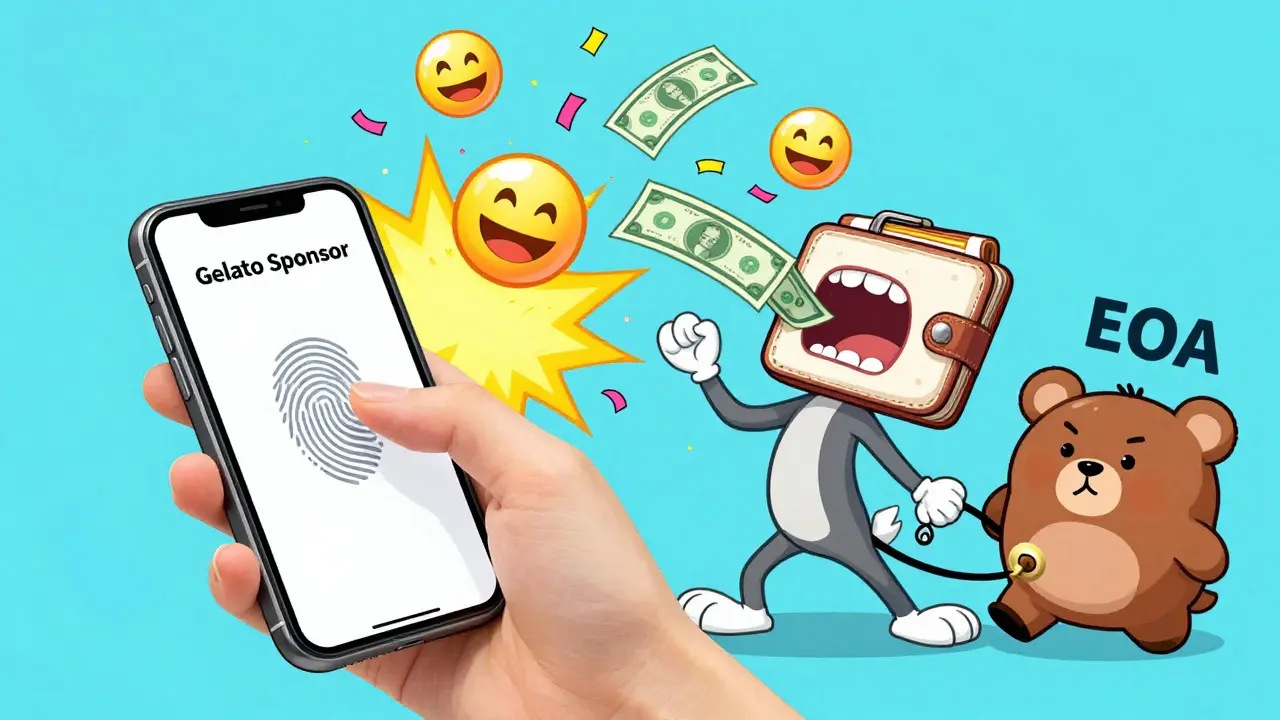User tapping phone with fingerprint, gas fees eaten by a dApp mascot, old wallet dragged away.