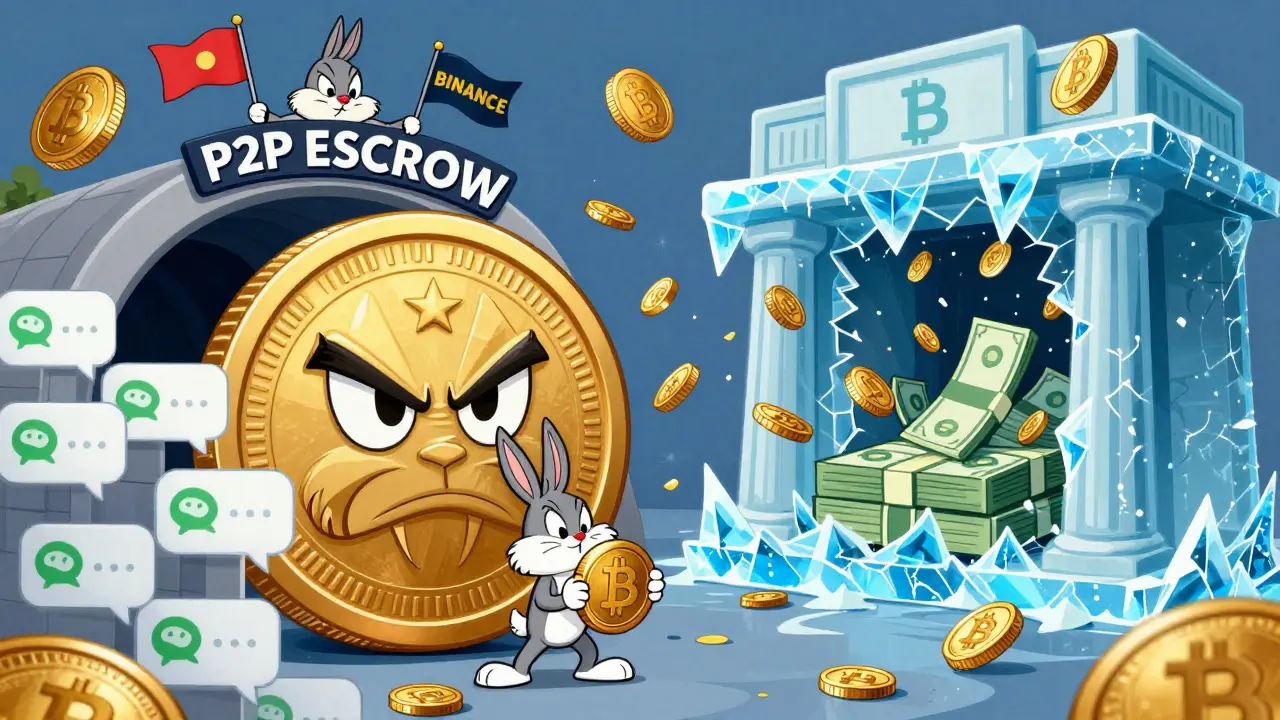 A clever character using USDT as a shield against a giant frozen bank account and government digital yuan coin.