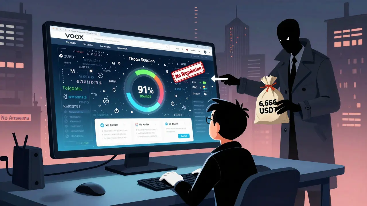 A confused trader面对虚假AI界面，背后有隐藏的推广者和91%跳出率仪表。