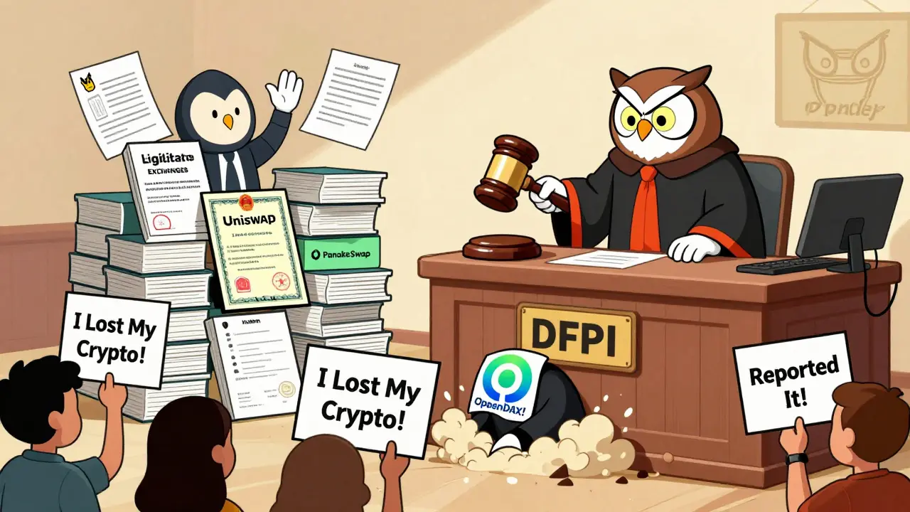 A courtroom where a judge crushes a scam exchange while legitimate platforms celebrate with licenses.