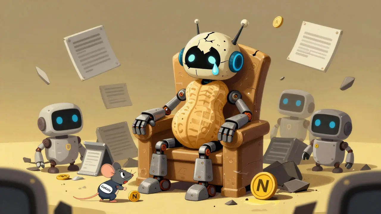 A deflated Peanut.Trade robot sitting alone on a crumbling throne surrounded by broken tech.