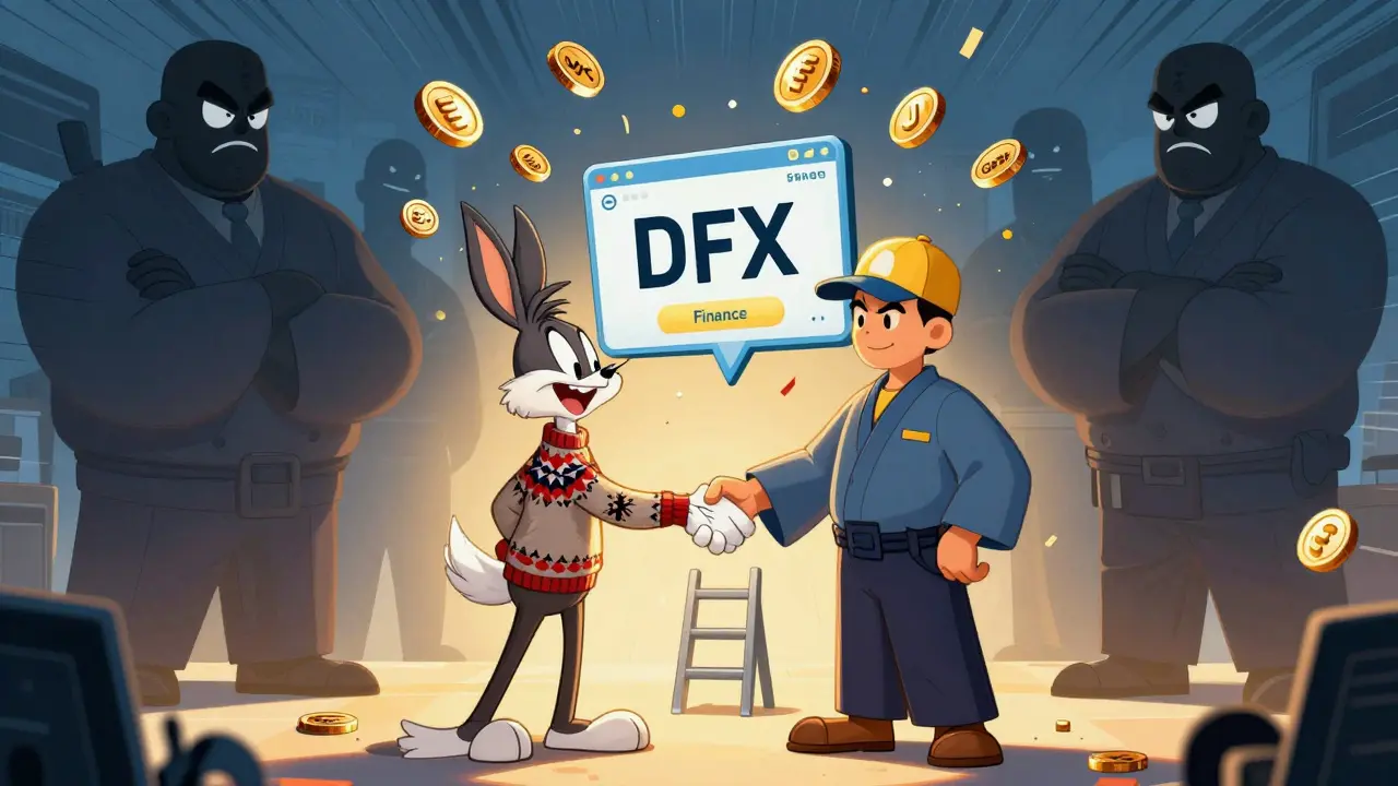 A German business owner and Japanese contractor shake hands over a floating DFX swap interface with non-USD coins spinning around them.