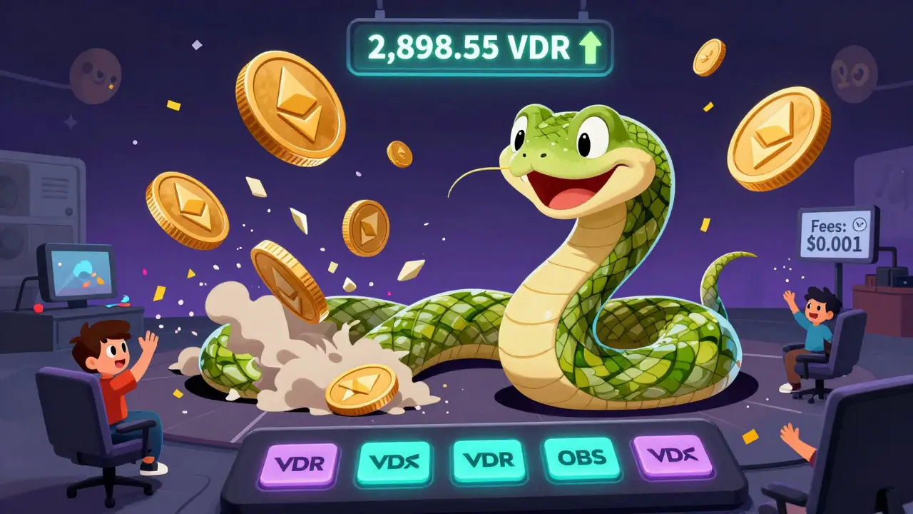 A giant Solana snake dodging crumbling Ethereum coins while streamers cheer on a digital deck