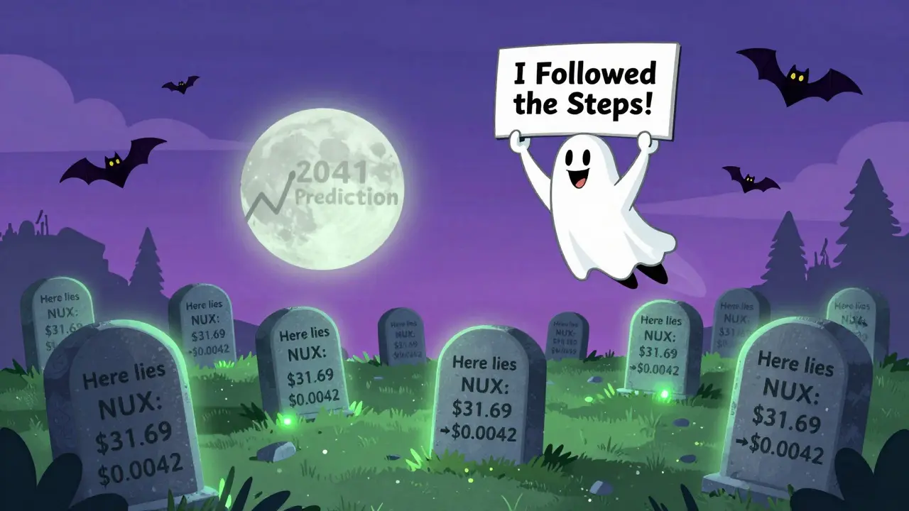 A graveyard of NUX tokens with tombstones showing price drops under a glowing crypto moon.