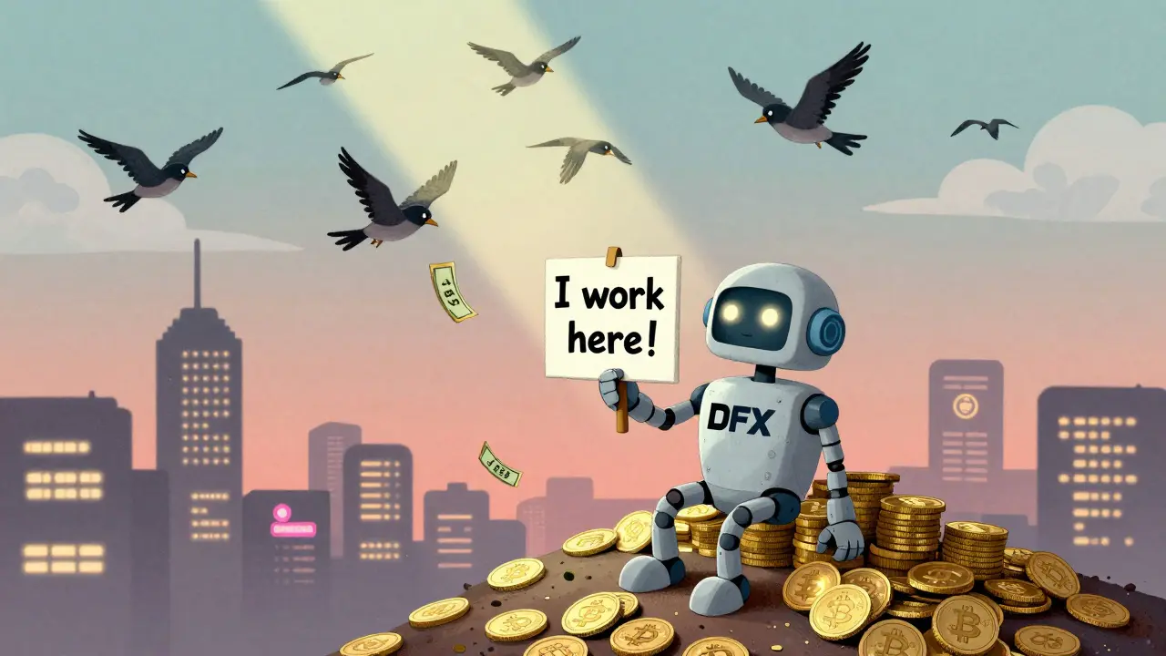 A lonely DFX robot sits on a mountain of unused tokens, holding a sign as trading birds fly overhead in a quiet, hopeful scene.