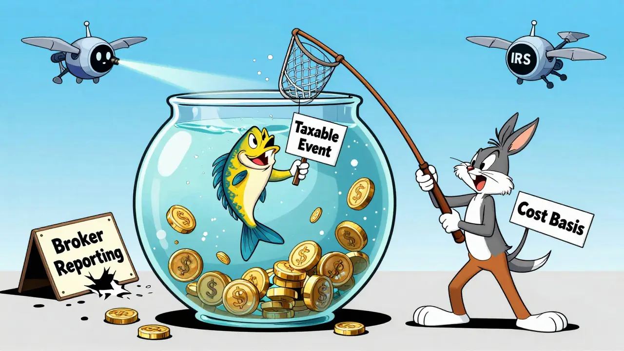 A person fishing for taxable events in a token-filled liquidity pool while an IRS drone scans the blockchain.