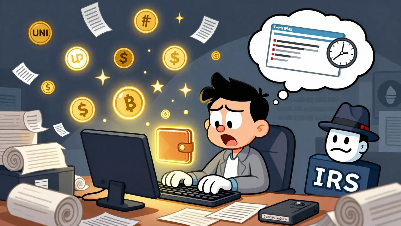 A person surrounded by flying crypto tokens and tax forms, using crypto tax software under a looming Form 8949.