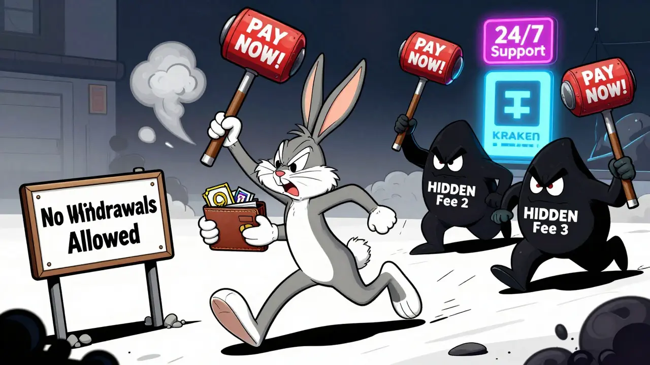 A rabbit chased by gremlins demanding fees as he runs toward a dead-end labeled 'No Withdrawals'.