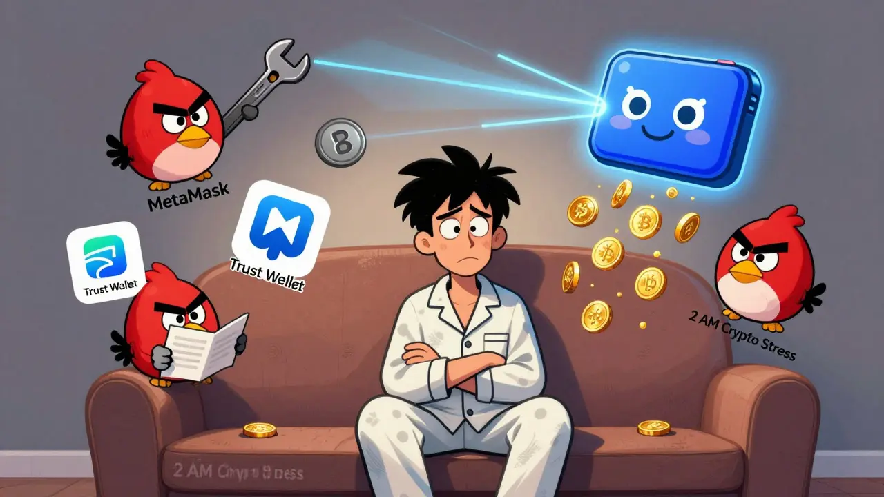 A sleepy person overwhelmed by flying crypto apps, while a friendly Nura Wallet automates token swaps above them.