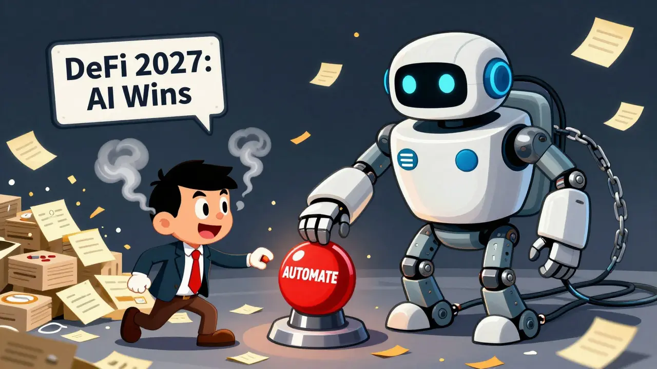 A stressed crypto trader facing off against a giant Nura Agent robot that's automating DeFi with Chainlink arms.