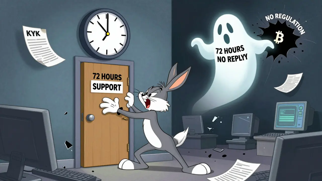 A user banging on a support door as a ghost of their crypto floats away into a black hole.