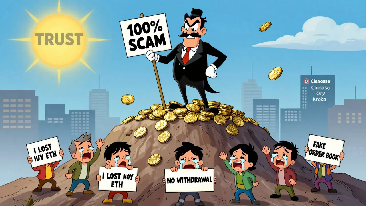 A villain atop a mountain of stolen crypto while seven users cry below, cartoon illustration.
