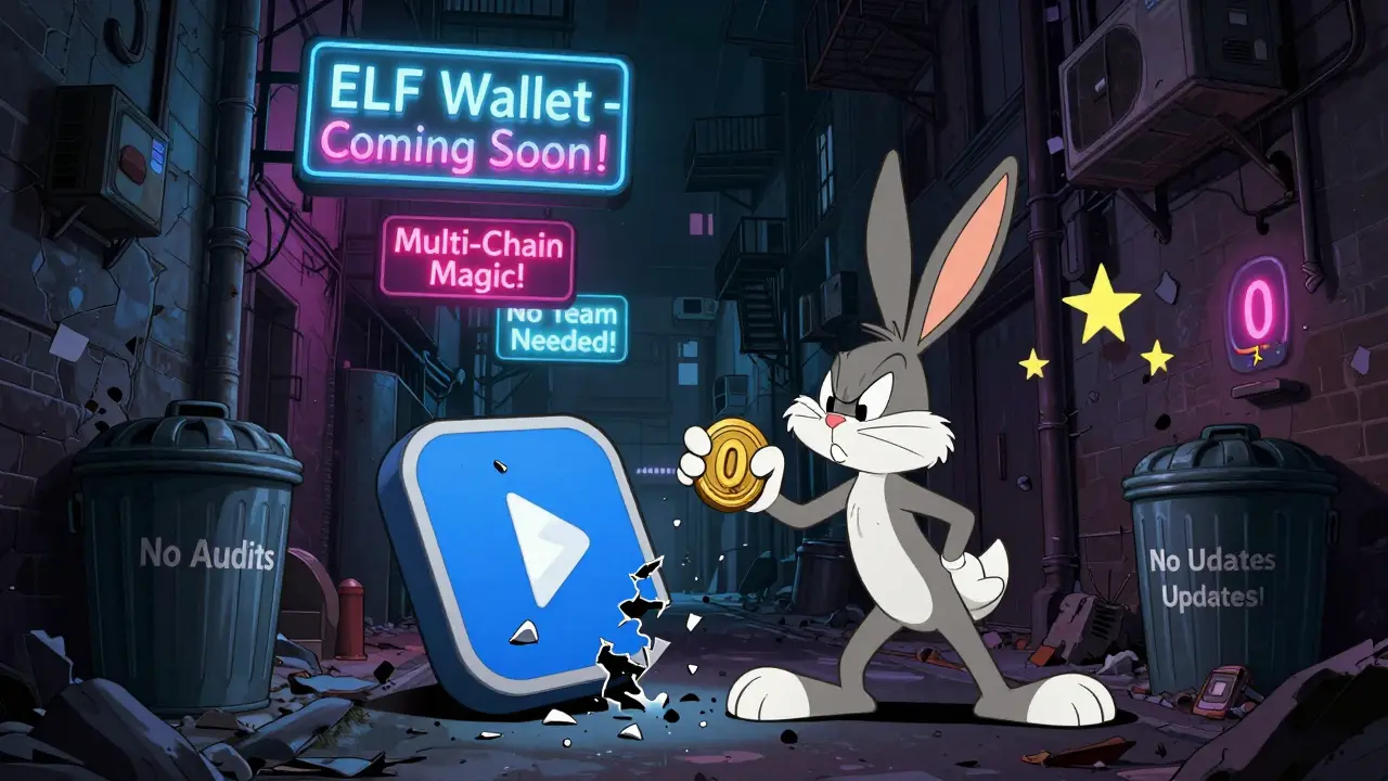 An abandoned digital alley with fake ELF Wallet signs as a confused rabbit pushes a broken app into a dead end.