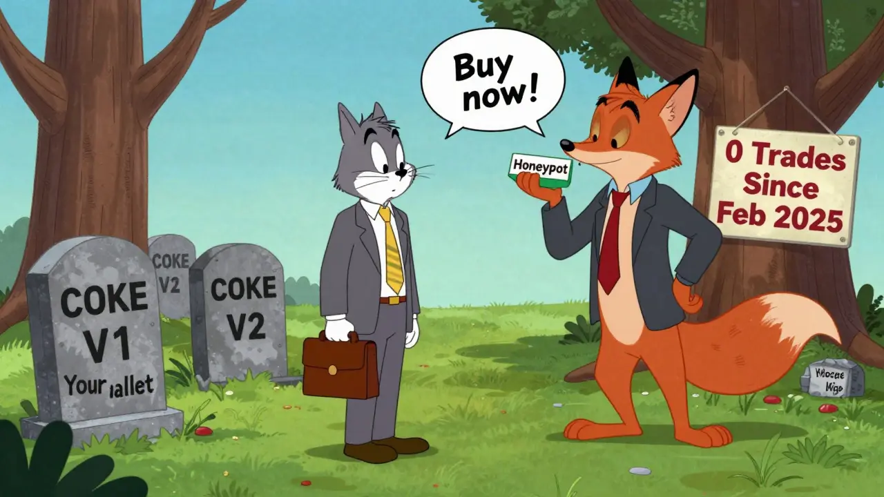 An investor frozen before a graveyard of dead crypto tokens while a fox whispers a scam offer.