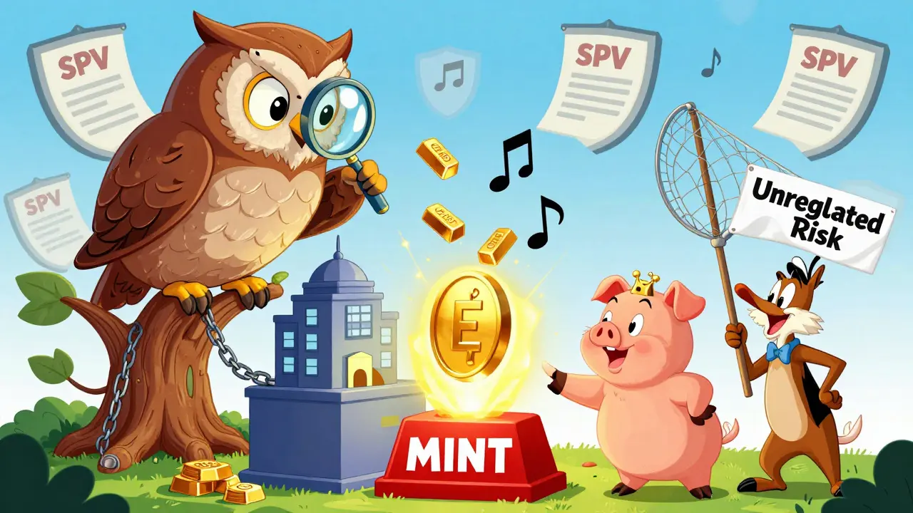 An owl oracle feeds real-world assets into a token machine while Porky Pig presses mint button and Elmer Fudd tries to steal tokens.