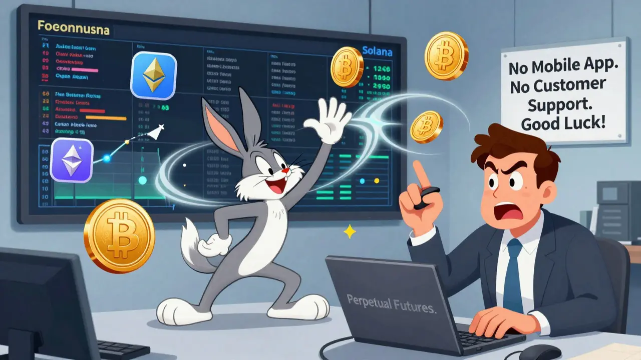 Anthropomorphic crypto coins racing on a trading floor with cross-chain tunnels and no mobile app sign.