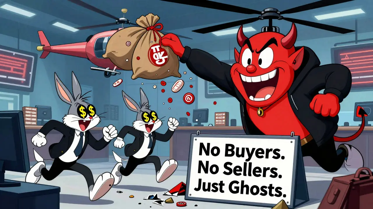 Cartoon investors panicking as a devil dumps COKE tokens from a helicopter in a chaotic trading scene.