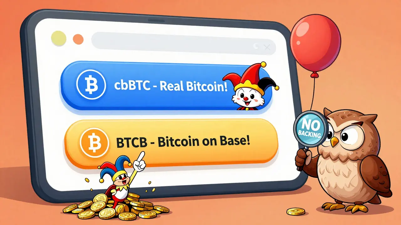 Coinbase app screen with superhero cbBTC and clownish BTCB, user turning into a jester after clicking wrong button.