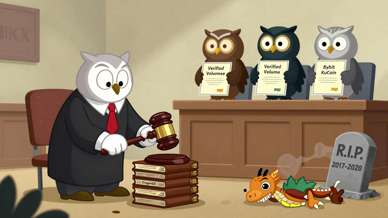 Courtroom scene with owl judge, defeated dragon puppet, and rival exchanges holding audit certificates.