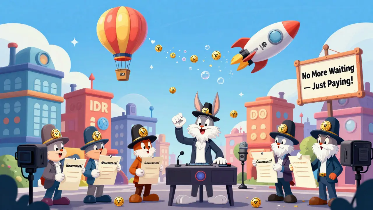 Creator City with microphone buildings and streamers voting with VDR token ballots