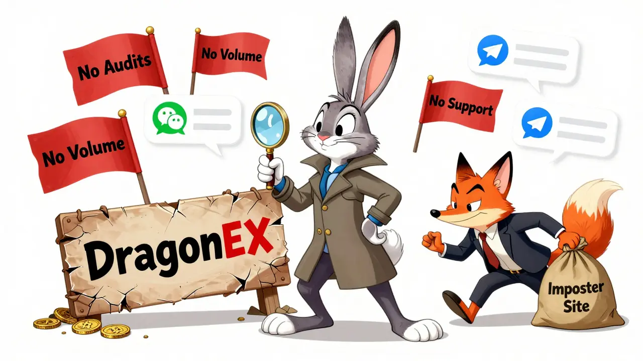 Detective rabbit investigating a crumbling DragonEX sign with ghostly users and a sneaky fox stealing crypto.