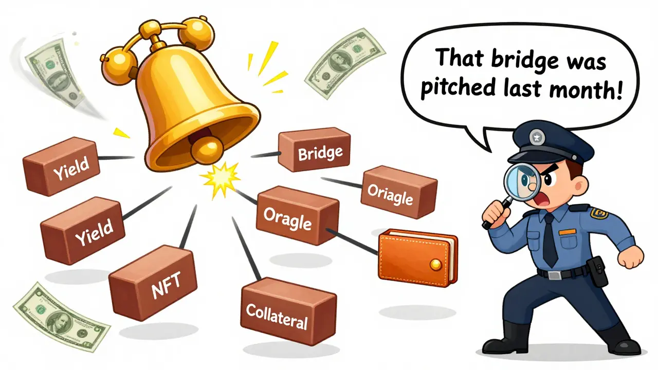 Developer connecting multiple financial contracts as explosions fly and a security guard shouts a warning.