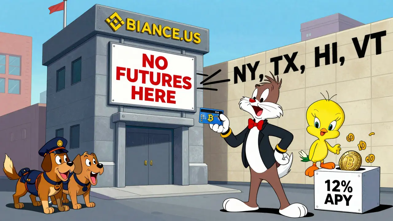 Elmer Fudd blocked by regulatory wall at Binance.US while Tweety earns interest, cartoon style.