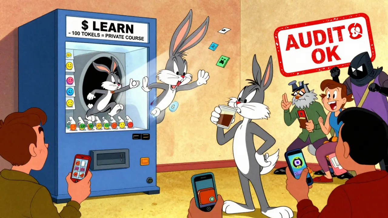 Fans scramble to buy social tokens from a vending machine while one teleports into a Discord rabbit hole, Looney Tunes style.