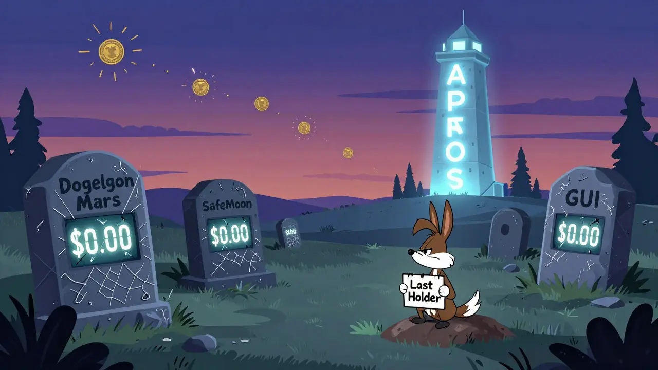 Graveyard of dead meme coins with one lonely dog mascot under a fading sky.