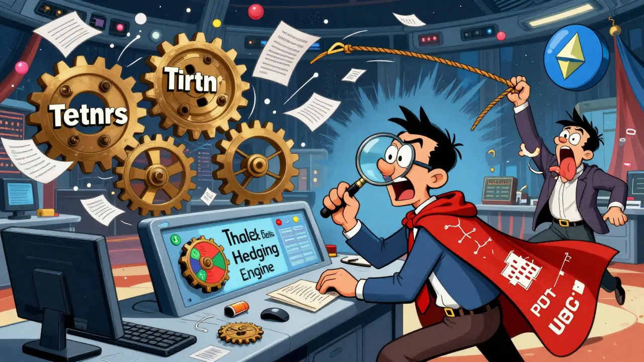 Hedge fund manager controls a Thalex trading engine with spinning Tether and USDC gears.