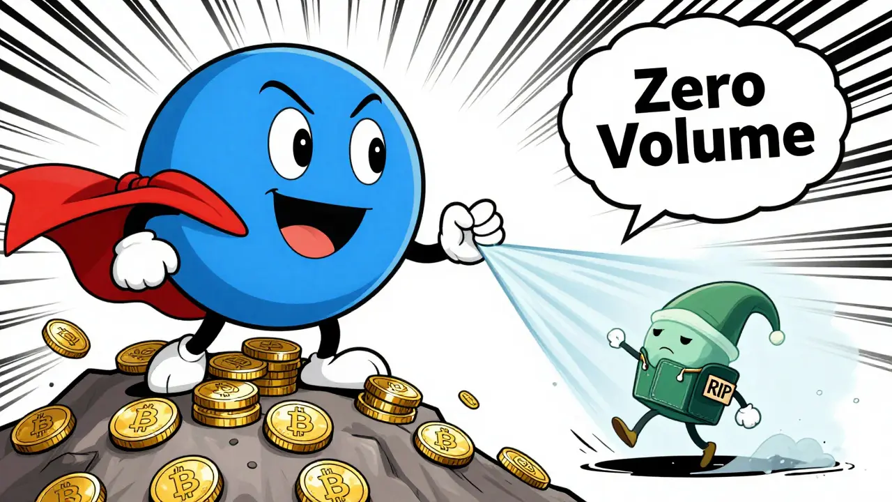 MetaMask and Trust Wallet mascots high-five on a coin mountain while a tiny ELF Wallet is swept away by a vacuum.