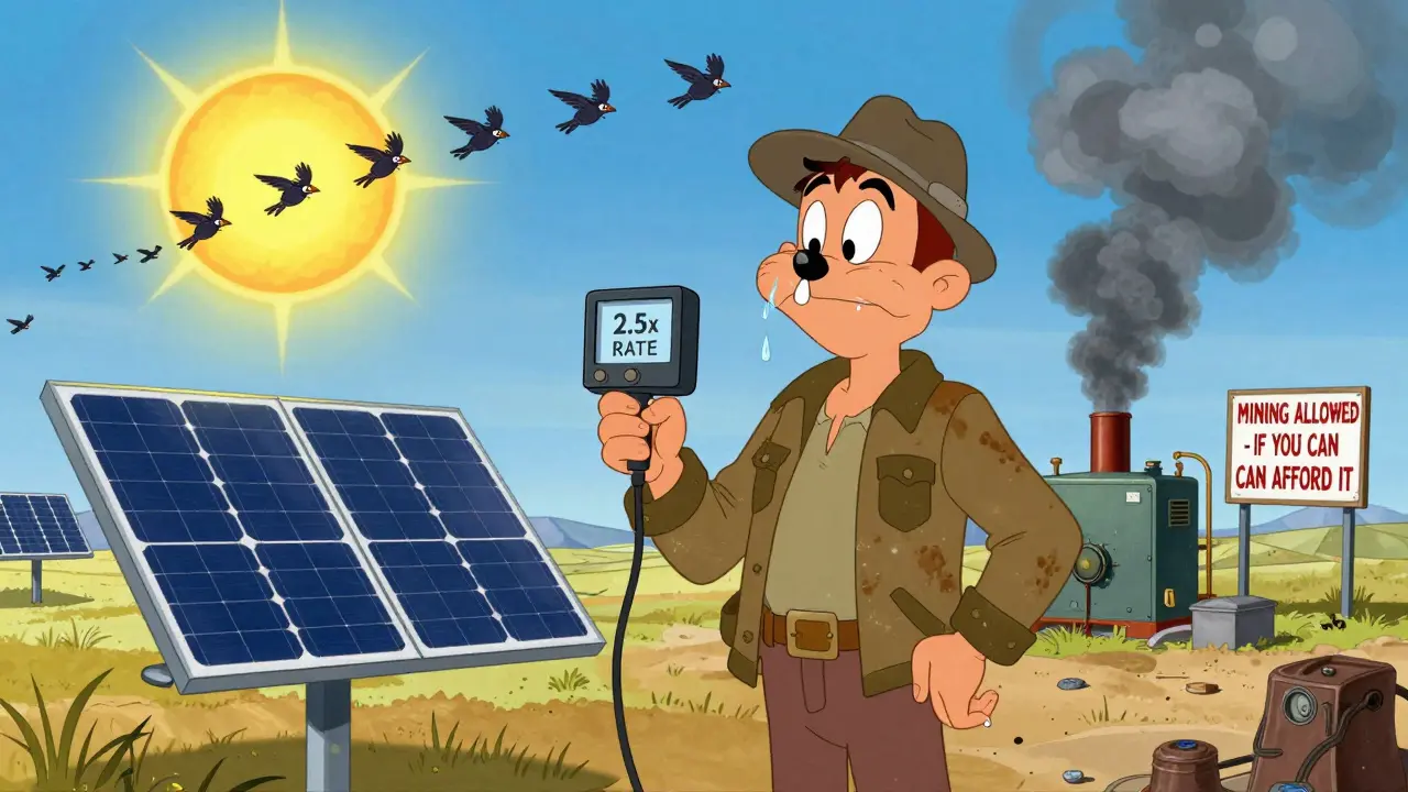Miner with solar panels under sun, meter showing 2.5x rate