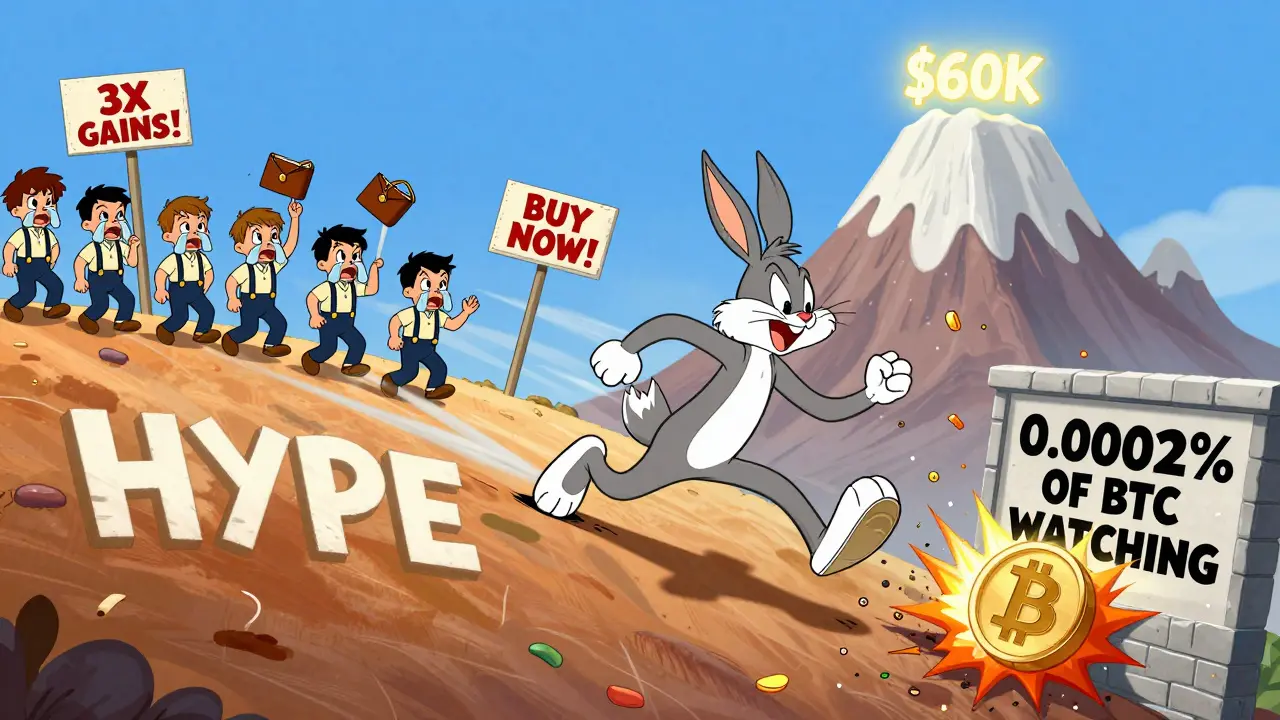 Mischievous BTCB token rolling down hype hill, crashing into regulators while investors lose money.