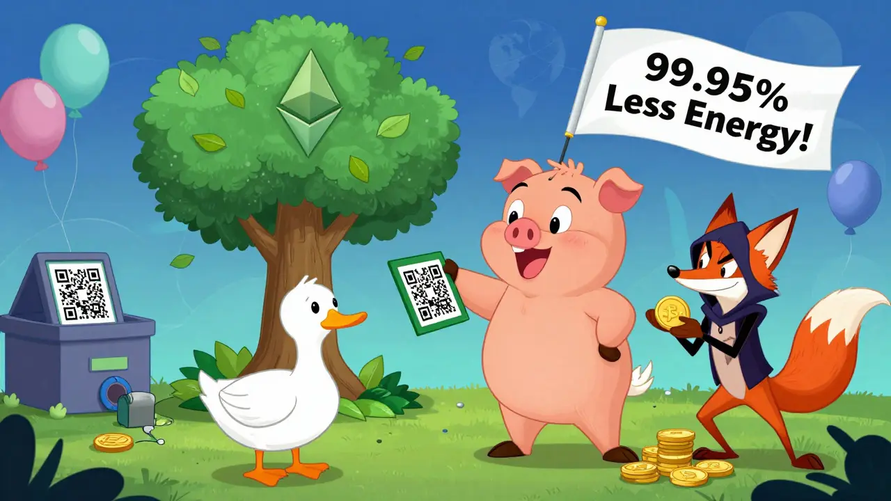 Porky Pig sends cryptocurrency to a duck farmer as a hacker tries to steal from a glowing smart contract tree.