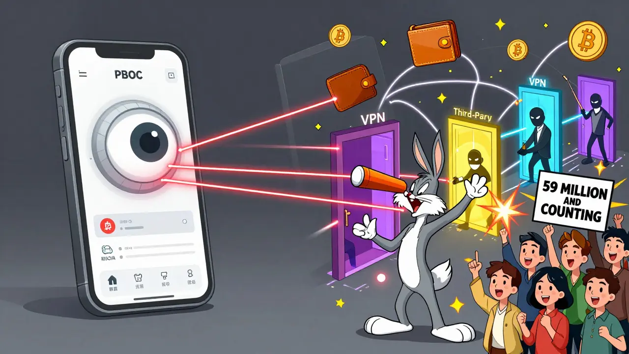 Split scene: cold tracked digital yuan vs. vibrant chaotic crypto network with hidden tunnels and cheering users.