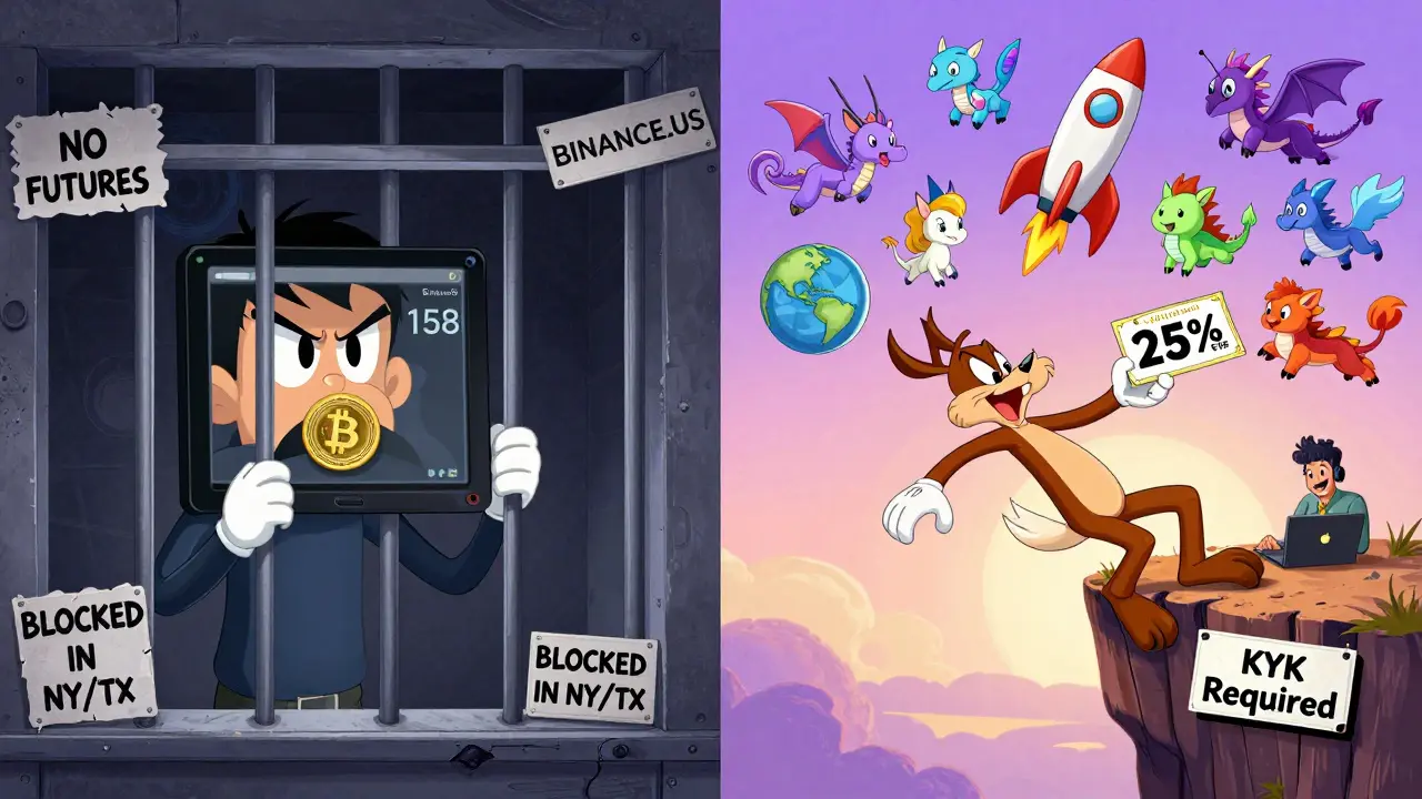 Split scene: U.S. user with limited coins vs. global trader surrounded by crypto creatures and discount coupon.