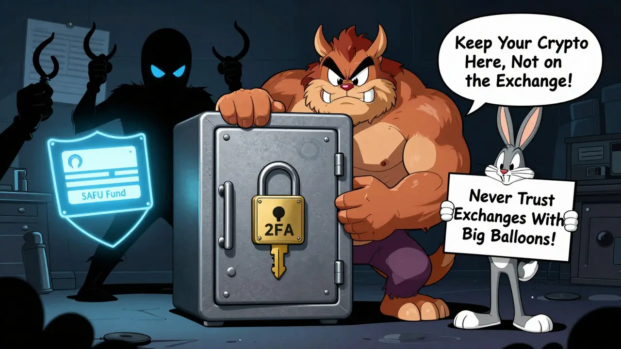Tasmanian Devil guarding a hardware wallet from phishing villains, with Bugs Bunny holding a safety warning sign.