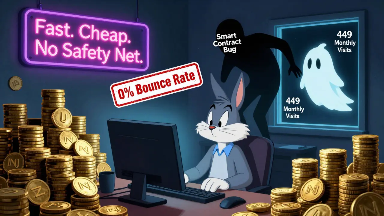 Trader surrounded by INJ tokens as a ghostly figure floats away, with '449 monthly visits' sign in background.