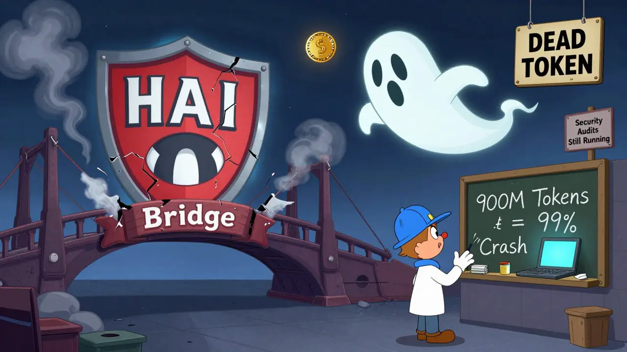 A broken bridge labeled 'HAI Bridge' smokes as 900M tokens vanish, while a separate laptop glows with 'Security Audits Still Running'.