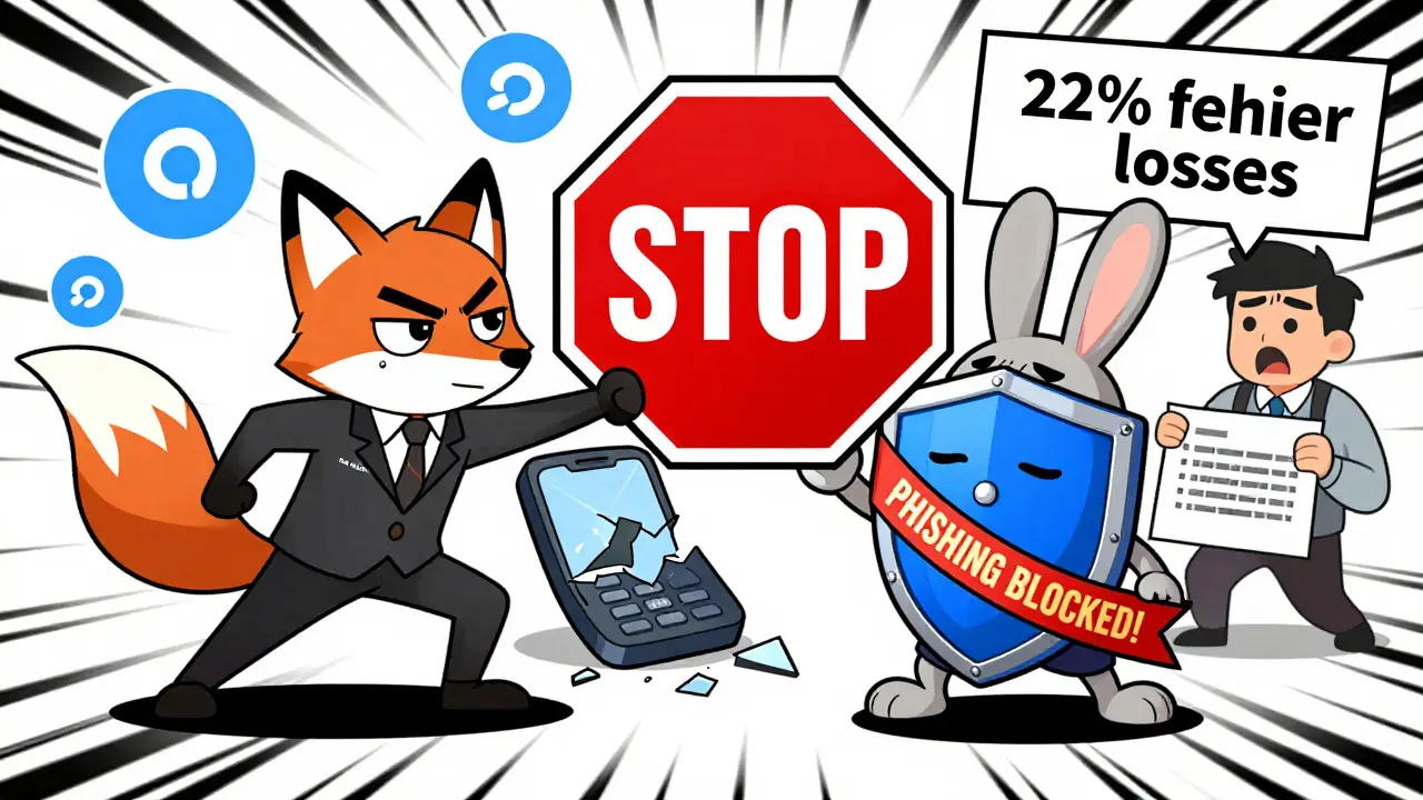 A cartoon fox trying to scam a rabbit, stopped by a heroic wallet slapping a 'PHISHING BLOCKED' sign.